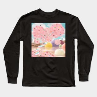 Candy land fantasy background. Sweets world landscape. Marshmallow tree, chocolate milk river, ice cream islands Long Sleeve T-Shirt